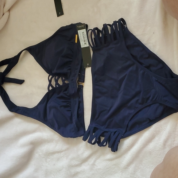 NWT Nicole Miller navy blue swim suit with high waisted bottoms size 8 - Picture 1 of 10